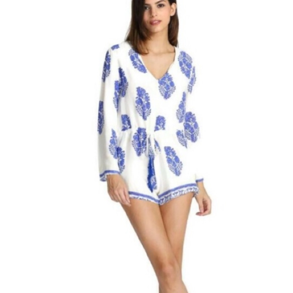 Blue white paisley romper playsuit wrap tie sabo